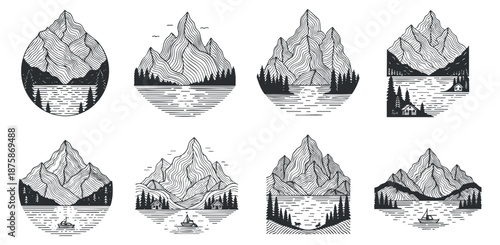 A collection of mountain landscape illustrations featuring lakes and forests in black and white vector style, ideal for outdoor adventure branding