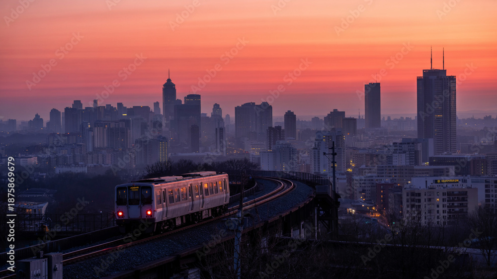 Fototapeta premium A train’s whistle echoes through the skyline at dusk