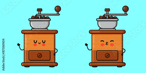 Cute cartoon coffee grinders expressing different emotions on blue background