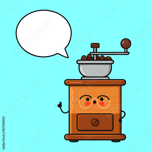Cute coffee grinder character communicating with speech bubble