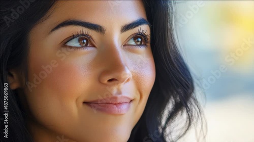 Wallpaper Mural Woman with brown hair and eyes looking directly at camera. Confident expression, natural smile in sunlight. Candid lifestyle portrait. Torontodigital.ca