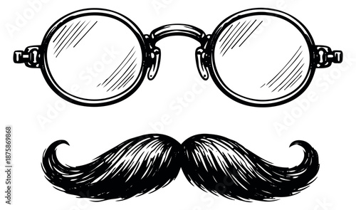 Hand drawn accessory set featuring round glasses and a mustache for vintage fashion design