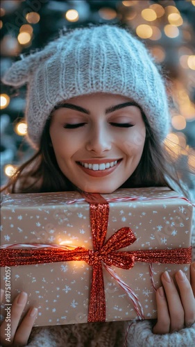 Wallpaper Mural A woman holds a wrapped present with a smile, indicating the joy and anticipation of receiving or giving gifts. Torontodigital.ca