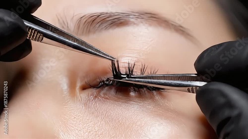 Professional eyelash technician applying individual eyelash extensions using precision tweezers on a female client in a beauty salon, macro detail of the lash enhancement and beauty process.