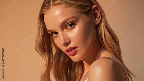 Close up portrait of a beautiful blonde woman with glowing skin looking over her shoulder at the camera against a warm beige background, cinematic soft lighting, professional elegant makeup look.