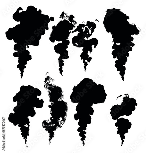 Ink style smoke and vapor set featuring various black cloud shapes for abstract design elements