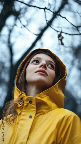Wallpaper Mural Woman gazing at distant trees under umbrella, wearing yellow raincoat Torontodigital.ca