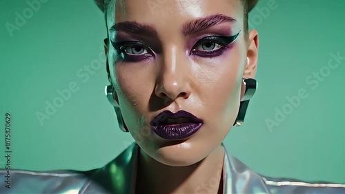 Stunning high fashion woman with dramatic avant-garde makeup and sculpted braided hairstyle wearing a shiny metallic silver blazer, posing confidently against a solid teal background studio set.