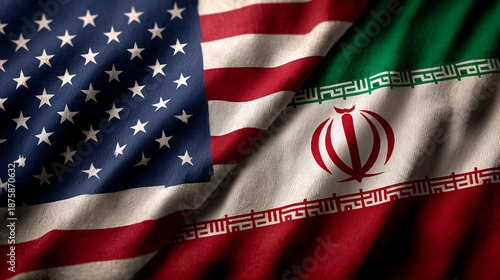 us flag waving next to iranian flag. relations usa iran