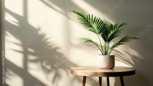 Wallpaper Mural A small indoor potted plant that thrives in sunlight, placed on a wooden table to brighten up a space. Torontodigital.ca