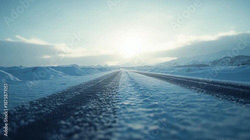 Wallpaper Mural A winding road in a snow-covered landscape at sunrise. The sky is clear and the sun's rays are just breaking over the mountains, creating an ethereal atmosphere. Torontodigital.ca