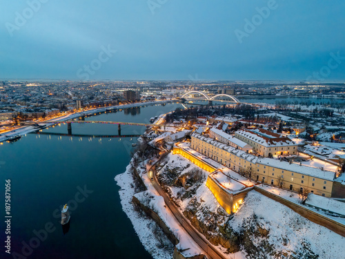 Aerial Night View of Illuminated Bridges over the Danube River in Winter, Novi Sad, Serbia