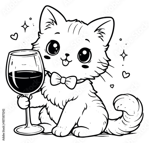 Hand drawn line art illustration of a cat depicting a charming feline in a bow tie holding a wine glass for celebration