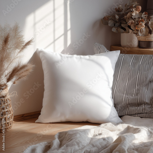 Composición serena con cojines blancos sobre suelo de madera clara, cesta decorativa con pampas, flores secas y luz natural proyectada, entorno cálido, sencillo y visualmente equilibrado para interior