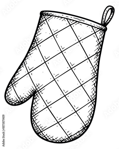 Hand drawn line art illustration of an oven mitt depicting a quilted texture for kitchen and cooking concepts