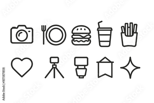 Food and photography outline icon set. Restaurant, camera, foodie line icons collection
