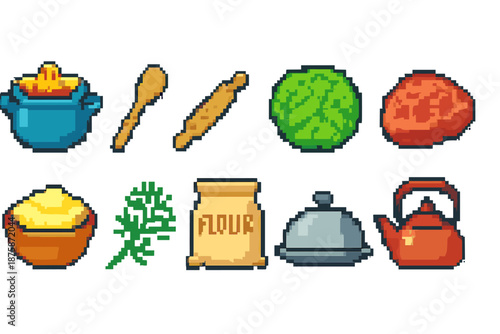 Cooking essentials pixel icon set. Kitchen, food, ingredients outline collection