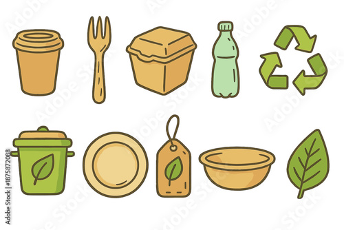 Eco-friendly, sustainable flat icon set. Recycling, zero-waste lifestyle icons.