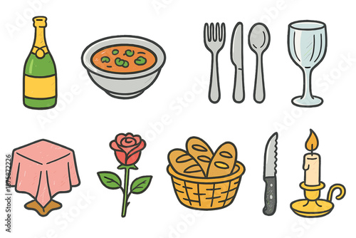 Restaurant and dining flat icon set. Food, beverage, cutlery, tableware illustrations