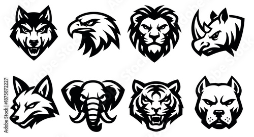 Modern powerful animal head logo set featuring a wolf, eagle, lion, rhinoceros, fox, elephant, tiger, and pitbull for sports teams and branding