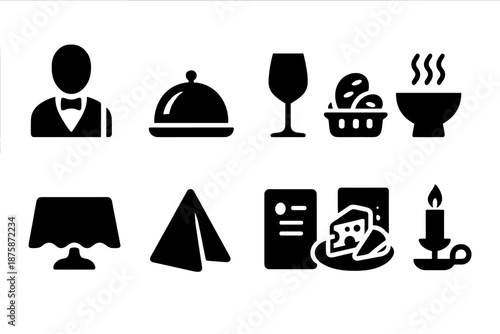 Restaurant and dining silhouette icon set. Food, service, hospitality silhouettes.