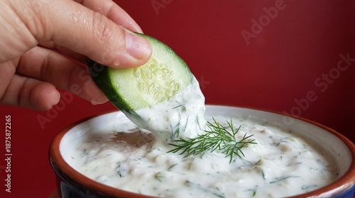 Wallpaper Mural Hand dipping cucumber slice in fresh tzatziki dip Torontodigital.ca