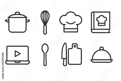 Cooking and kitchen line icon set: utensils, chef hat, recipe book outline collection