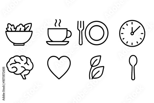 Food and wellness linear icon set: nutrition, health, and lifestyle outline icons