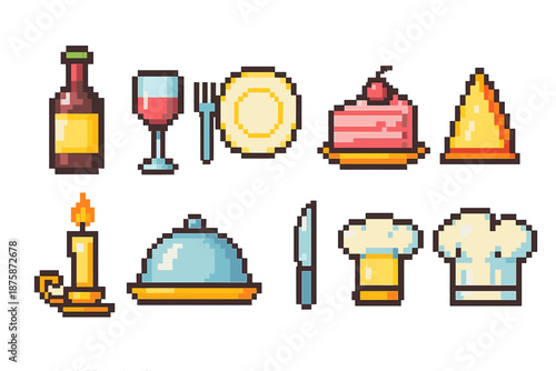 Pixel art food icon set. Culinary, dining, kitchen tools miniature icons collection.