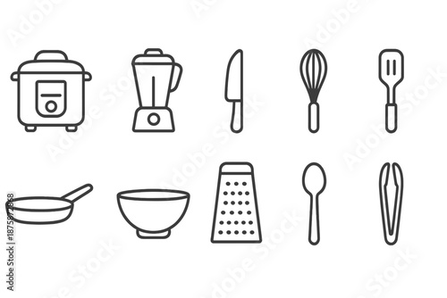 Cooking, kitchen line icon set with blender, whisk, spoon, and bowl