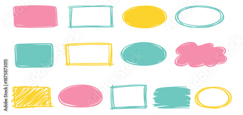 Hand drawn doodle shapes set featuring colorful rectangles, ovals, and cloud-like frames for creative design projects