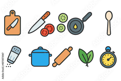 Kitchen and cooking linear icon set. Utensils, food, ingredient outline collection
