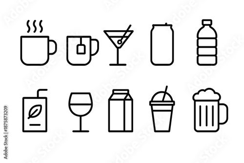 Beverage outline icon set. Coffee, tea, soda outline icons for menus and labels.