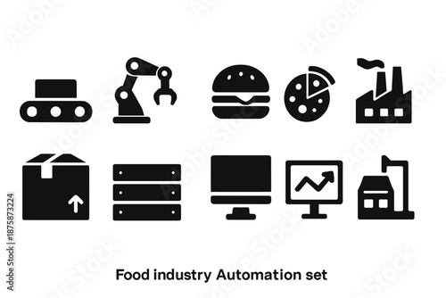 Food industry automation silhouette icon set for smart manufacturing