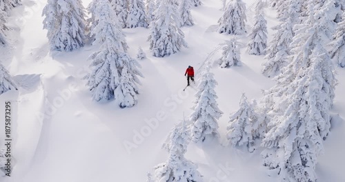 Smooth cinematic flight over a snow covered alpine landscape with a ski mountaineer touring through pristine winter terrain. Peaceful yet adventurous winter scene with deep snow and frosted trees.