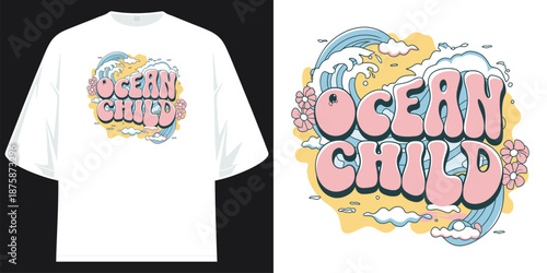 ocean child wavy retro groovy bubble typography beach summer surf streetwear apparel print t shirt design vector illustration artwork
