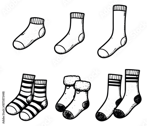 Hand drawn line art socks set featuring ankle, crew, and fuzzy socks for fashion and comfort