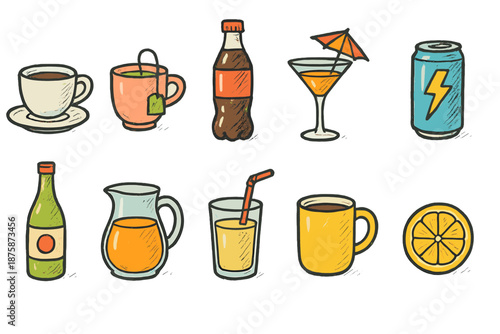 Beverages, drinks flat icon set. Coffee, tea, juice, soda, cocktails collection.