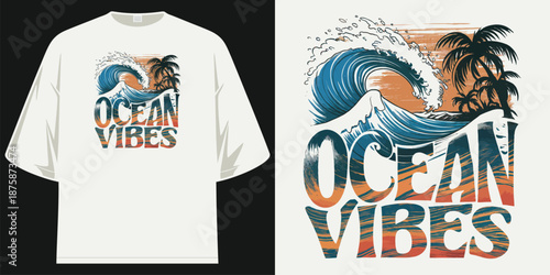 ocean vibes tropical summer wave palm tree sunset vintage cream oversized streetwear graphic tee t shirt design vector illustration artwork
