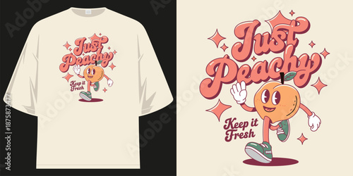 just peachy keep it fresh retro mascot character cream oversized streetwear graphic tee t shirt design vector illustration artwork
