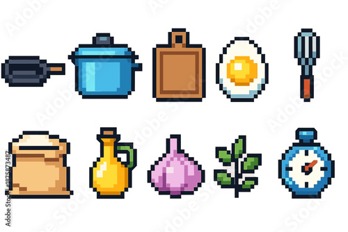 Cooking and kitchen pixel art icon set: culinary, utensils, food, gaming style