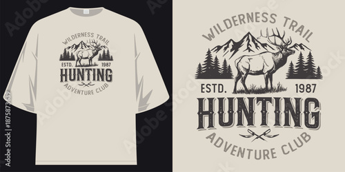 wilderness trail hunting adventure club established 1987 vintage deer mountain outdoor graphic t shirt design vector illustration artwork
