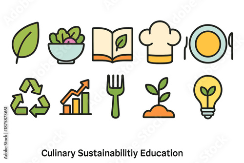 Culinary sustainability education icon set. Eco-friendly linear collection for schools