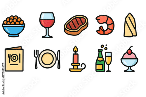 Dining and food icon set. Colorful flat style for culinary essentials and dining.