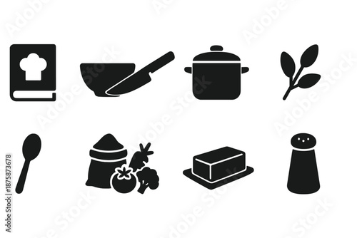 Cooking, kitchen solid icon set. Culinary tools, ingredients icons solid collection