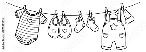 Hand drawn line art baby clothes set featuring a bodysuit, bibs, socks, and an overall for newborns