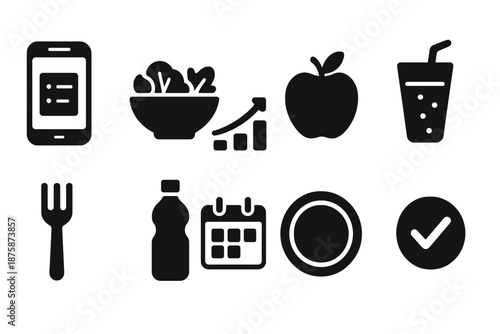 Nutrition and health silhouette icon set. Diet, wellness, fitness silhouette collection