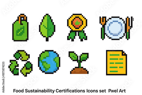 Food sustainability certifications icon set. Pixel art eco-friendly icons collection