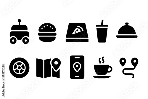 Food and delivery silhouette icon set. Restaurant, fast food, location silhouette icons