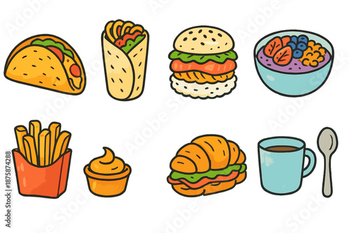 Food and drink icon set. Tacos, juices, burgers 3d collection for cafes